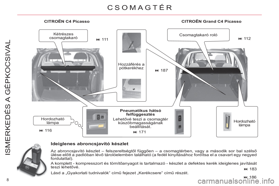 CITROEN C4 PICASSO 2013  Kezelési útmutató (in Hungarian) 8 
ISMERKEDÉS A  GÉPKOCSIVAL
  CITROËN  Grand C4 Picasso  
  Hordozható 
lámpa     
Pneumatikus hátsó 
felfüggesztés 
 
  Lehetővé teszi a csomagtér 
küszöbmagasságának 
beállításá