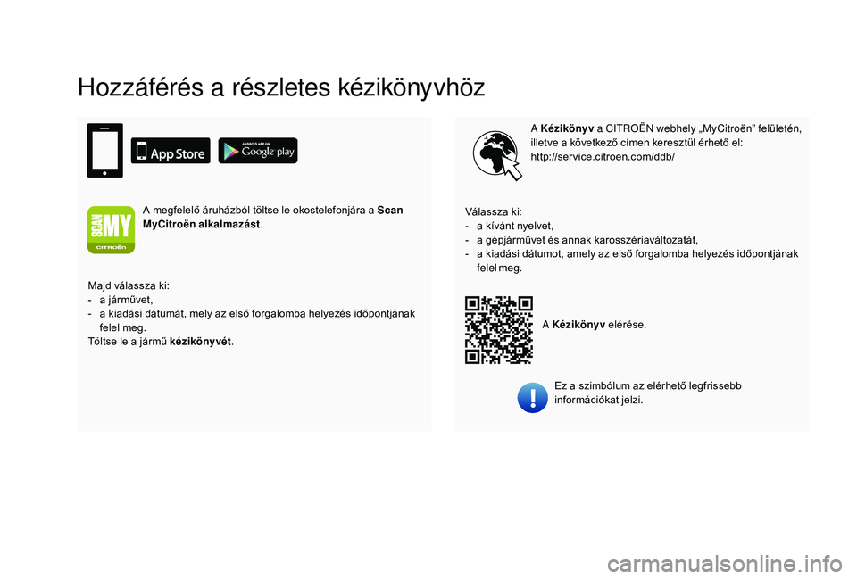 CITROEN C4 SPACETOURER 2021 Kezelési útmutató (in Hungarian) Hozzáférés a részletes kézikönyvhöz
A Kézikönyv a CITROËN webhely „MyCitroën” felületén,
illetve a következő címen keresztül érhető el:
http://service.citroen.com/ddb/
Ez a CITROEN C4 SPACETOURER 2021 Kezelési útmutató (in Hungarian) Hozzáférés a részletes kézikönyvhöz
A Kézikönyv a CITROËN webhely „MyCitroën” felületén,
illetve a következő címen keresztül érhető el:
http://service.citroen.com/ddb/
Ez a
