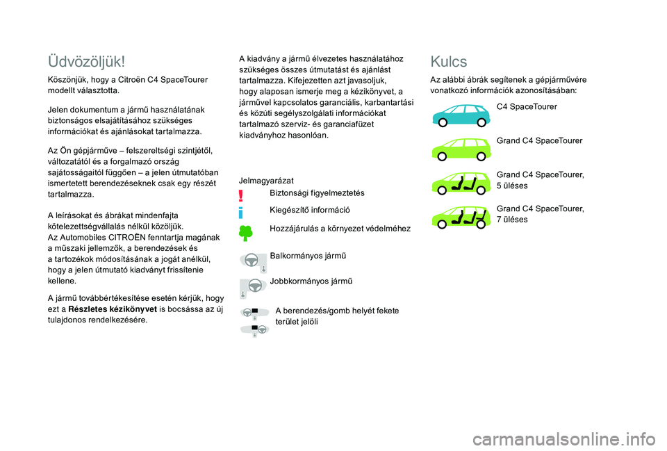 CITROEN C4 SPACETOURER 2021  Kezelési útmutató (in Hungarian) Üdvözöljük!
Köszönjük, hogy a Citroën C4 SpaceTourer 
m odellt választotta. A kiadvány a
  jármű élvezetes használatához 
szükséges összes útmutatást és ajánlást 
tartalmazza. K