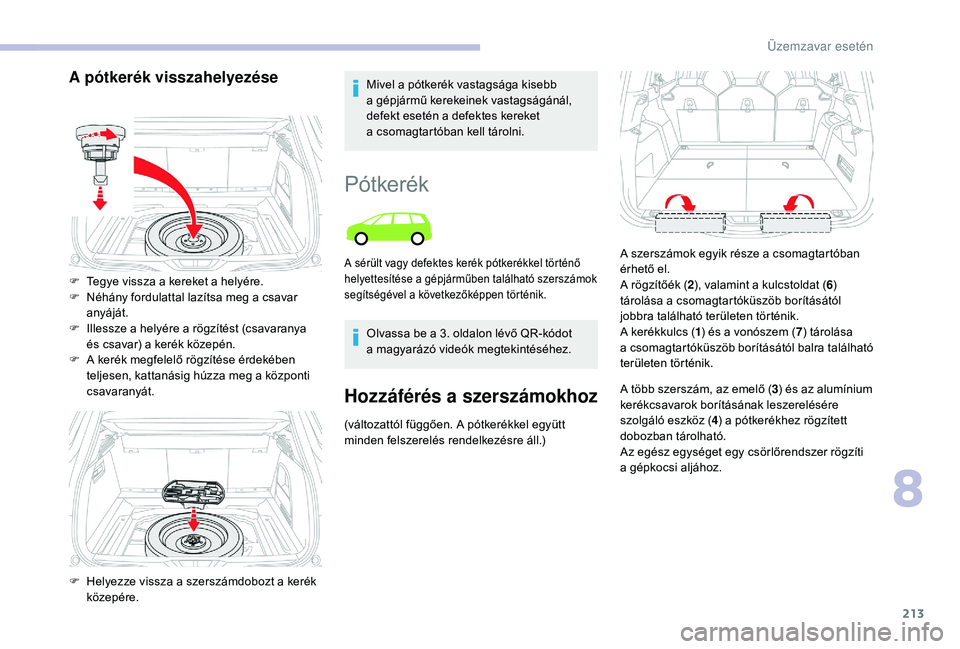 CITROEN C4 SPACETOURER 2021  Kezelési útmutató (in Hungarian) 213
A pótkerék visszahelyezéseMivel a pótkerék vastagsága kisebb 
a   gépjármű kerekeinek vastagságánál, 
defekt esetén a
  defektes kereket 
a
  csomagtartóban kell tárolni.
F
 
T

egy