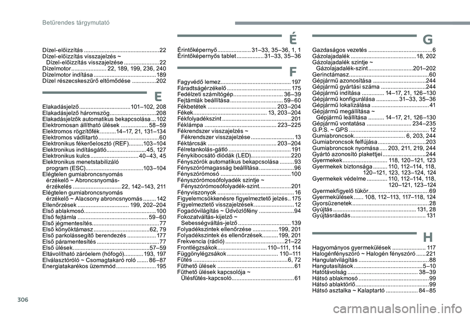 CITROEN C4 SPACETOURER 2021  Kezelési útmutató (in Hungarian) 306
Dízel-előizzítás ...............................................22
D ízel-előizzítás visszajelzés ~ 
Dízel-előizzítás visszajelzése
 
......................22
Dí

zelmotor
 ........