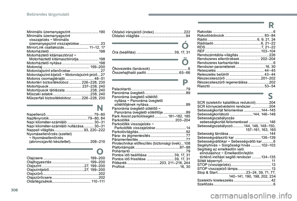 CITROEN C4 SPACETOURER 2021  Kezelési útmutató (in Hungarian) 308
Minimális üzemanyagszint ............................19 0
Minimális üzemanyagszint  visszajelzés ~ Minimális 
üzemanyagszint visszajelzése
 ..................... 23
M

irrorLink csatlakoz