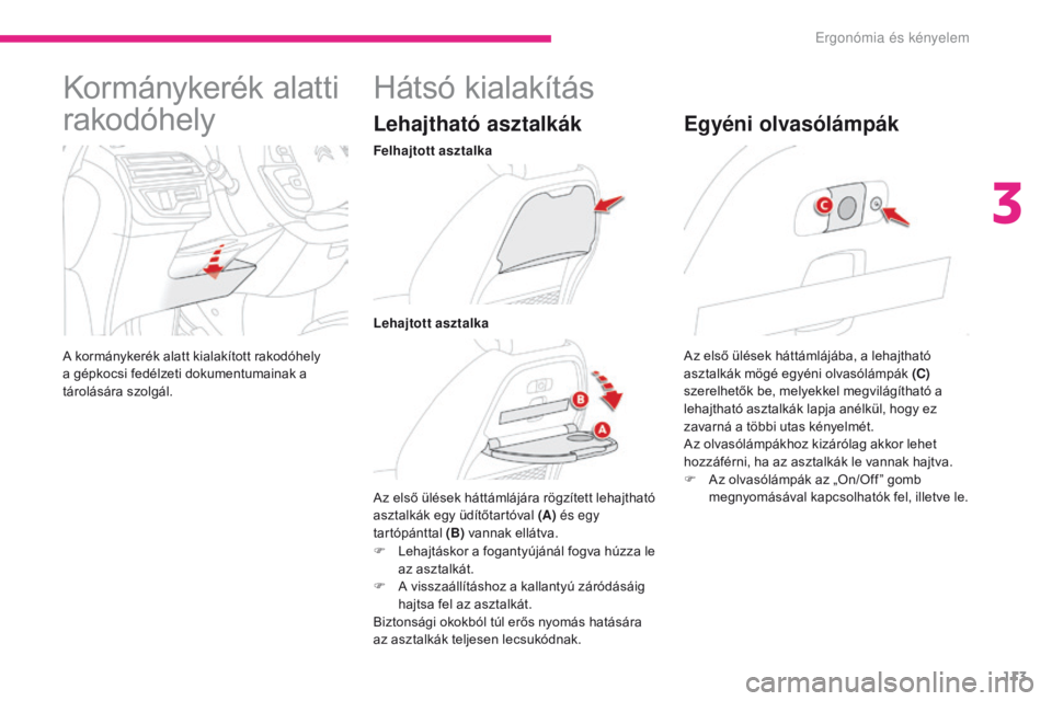 CITROEN C4 SPACETOURER 2018 Kezelési útmutató (in Hungarian) 113
C4-Picasso-II_hu_Chap03_ergonomie-confort_ed02-2016
Kormánykerék alatti
rakodóhely
A kormánykerék alatt kialakított rakodóhely
a gépkocsi fedélzeti dokumentumainak a
tárolására szol CITROEN C4 SPACETOURER 2018 Kezelési útmutató (in Hungarian) 113
C4-Picasso-II_hu_Chap03_ergonomie-confort_ed02-2016
Kormánykerék alatti
rakodóhely
A kormánykerék alatt kialakított rakodóhely
a gépkocsi fedélzeti dokumentumainak a
tárolására szol