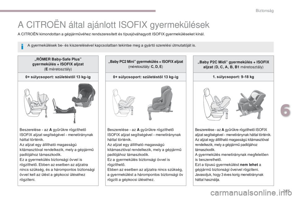 CITROEN C4 SPACETOURER 2018  Kezelési útmutató (in Hungarian) 255
C4-Picasso-II_hu_Chap06_securite_ed02-2016
„RÖMER Baby-Safe Plus”  
gyermekülés  + ISOFIX aljzat  
( E méretosztály)
0+ súlycsopor t: születéstől 13 kg-ig
Beszerelése - az A gyűrűk