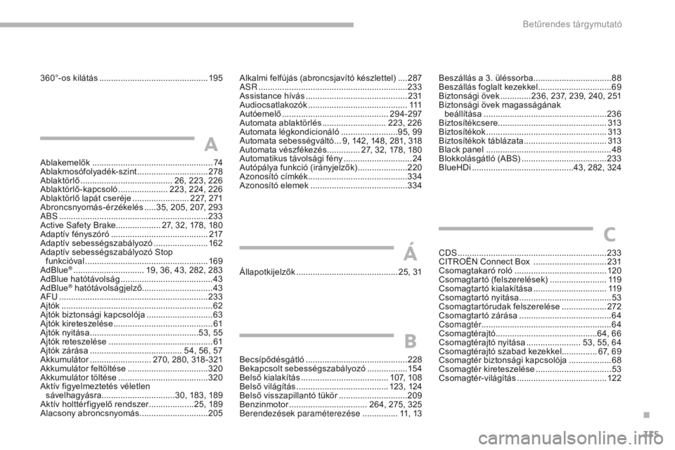 CITROEN C4 SPACETOURER 2018  Kezelési útmutató (in Hungarian) 335
C4-Picasso-II_hu_Chap10_index-alpha_ed02-2016
360°-os kilátás ..............................................195
Ablakemelők
 ................................................... 74
A

blakmosó