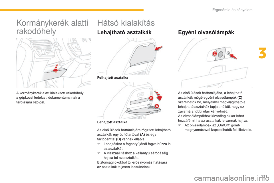 CITROEN C4 SPACETOURER 2016  Kezelési útmutató (in Hungarian) 111
C4-Picasso-II_hu_Chap03_ergonomie-confort_ed01-2016
Kormánykerék alatti 
rakodóhely
A kormánykerék alatt kialakított rakodóhely 
a gépkocsi fedélzeti dokumentumainak a 
tárolására szol