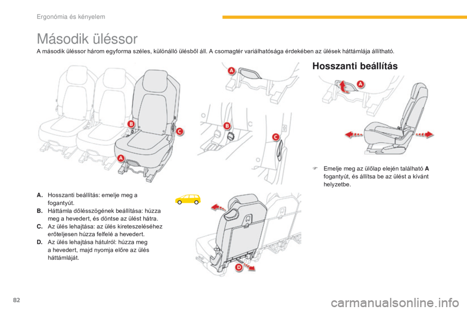 CITROEN C4 SPACETOURER 2016  Kezelési útmutató (in Hungarian) 82
C4-Picasso-II_hu_Chap03_ergonomie-confort_ed01-2016
Második üléssor
Hosszanti beállítás
F Emelje meg az ülőlap elején található A fogantyút, és állítsa be az ülést a kívánt 
hely