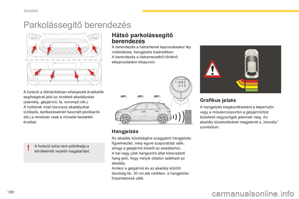 CITROEN C4 SPACETOURER 2015 Kezelési útmutató (in Hungarian) 180
C4-Picasso-II_hu_Chap04_conduite_ed01-2014
A funkció a lökhárítókban elhelyezett érzékelők
segítségével jelzi az érzékelt akadályokat
(személy, gépjármű, fa, sorompó stb.).
a CITROEN C4 SPACETOURER 2015 Kezelési útmutató (in Hungarian) 180
C4-Picasso-II_hu_Chap04_conduite_ed01-2014
A funkció a lökhárítókban elhelyezett érzékelők
segítségével jelzi az érzékelt akadályokat
(személy, gépjármű, fa, sorompó stb.).
a