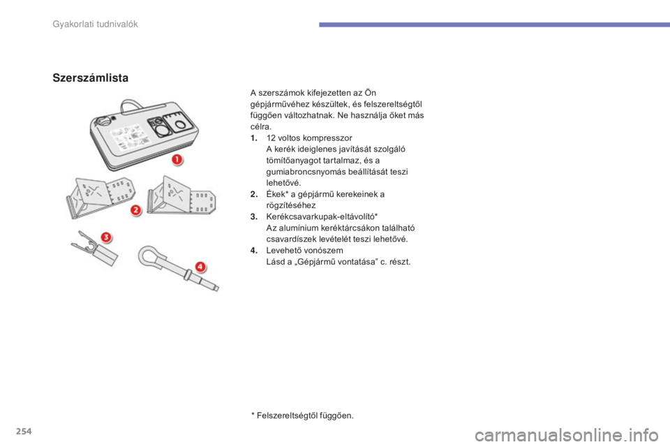 CITROEN C4 SPACETOURER 2015 Kezelési útmutató (in Hungarian) 254
C4-Picasso-II_hu_Chap07_info-pratiques_ed01-2014
Szerszámlista
* Felszereltségtől függően.
A szerszámok kifejezetten az Ön
gépjárművéhez készültek, és felszereltségtől
függően CITROEN C4 SPACETOURER 2015 Kezelési útmutató (in Hungarian) 254
C4-Picasso-II_hu_Chap07_info-pratiques_ed01-2014
Szerszámlista
* Felszereltségtől függően.
A szerszámok kifejezetten az Ön
gépjárművéhez készültek, és felszereltségtől
függően