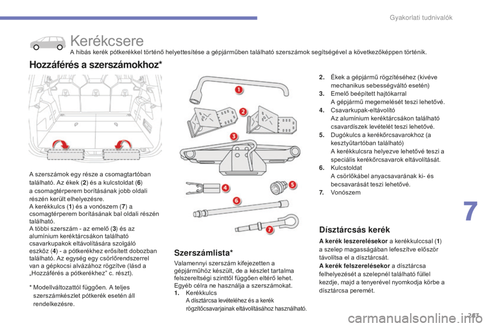 CITROEN C4 SPACETOURER 2015 Kezelési útmutató (in Hungarian) 263
C4-Picasso-II_hu_Chap07_info-pratiques_ed01-2014
* Modellváltozattól függően. A teljes szerszámkészlet pótkerék esetén áll
rendelkezésre.
KerékcsereA hibás kerék pótkerékkel tör CITROEN C4 SPACETOURER 2015 Kezelési útmutató (in Hungarian) 263
C4-Picasso-II_hu_Chap07_info-pratiques_ed01-2014
* Modellváltozattól függően. A teljes szerszámkészlet pótkerék esetén áll
rendelkezésre.
KerékcsereA hibás kerék pótkerékkel tör