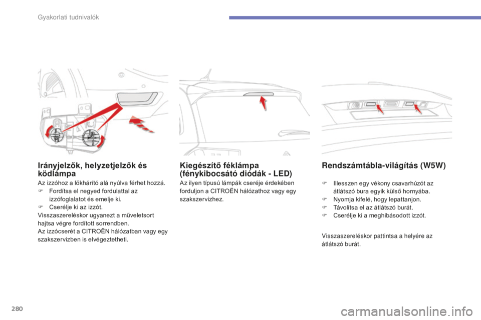 CITROEN C4 SPACETOURER 2015  Kezelési útmutató (in Hungarian) 280
C4-Picasso-II_hu_Chap07_info-pratiques_ed01-2014
Irányjelzők, helyzetjelzők és 
ködlámpa
Az izzóhoz a lökhárító alá nyúlva férhet hozzá.
F F ordítsa el negyed fordulattal az 
izzó