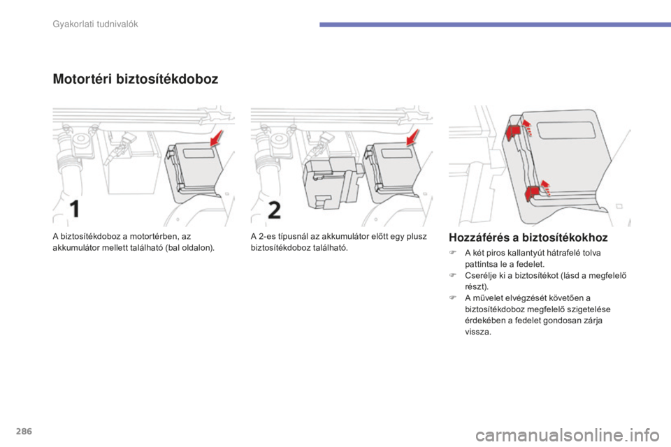 CITROEN C4 SPACETOURER 2015 Kezelési útmutató (in Hungarian) 286
C4-Picasso-II_hu_Chap07_info-pratiques_ed01-2014
Motortéri biztosítékdoboz
A 2-es típusnál az akkumulátor előtt egy plusz
biztosítékdoboz található.
A biztosítékdoboz a motortérben, CITROEN C4 SPACETOURER 2015 Kezelési útmutató (in Hungarian) 286
C4-Picasso-II_hu_Chap07_info-pratiques_ed01-2014
Motortéri biztosítékdoboz
A 2-es típusnál az akkumulátor előtt egy plusz
biztosítékdoboz található.
A biztosítékdoboz a motortérben,