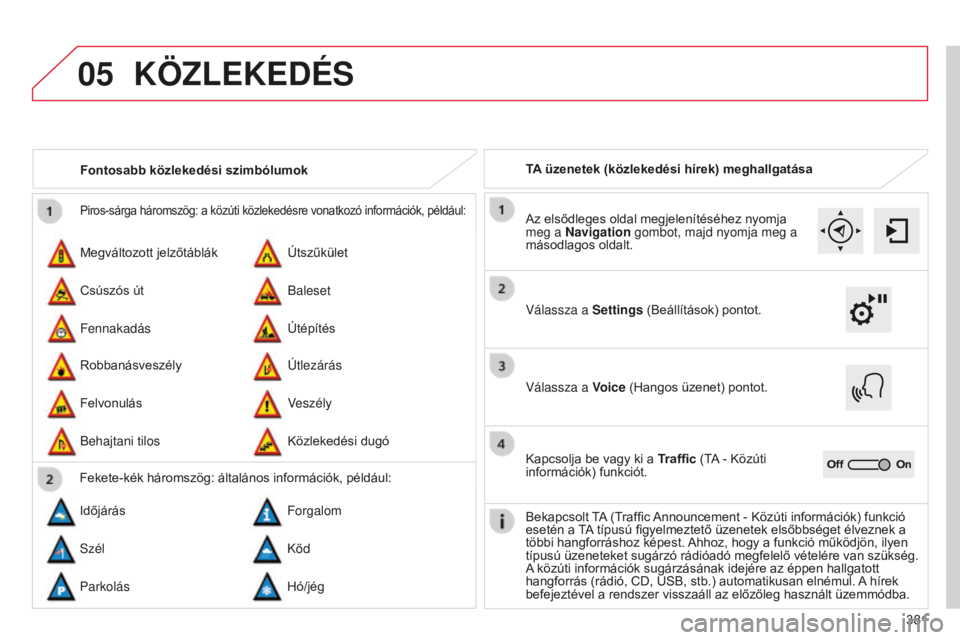 CITROEN C4 SPACETOURER 2015 Kezelési útmutató (in Hungarian) 05
381
C4-Picasso-II_hu_Chap10b_SMEGplus_ed01-2014
Piros-sárga háromszög: a közúti közlekedésre vonatkozó információk, például:
Megváltozott jelzőtáblák
RobbanásveszélyÚtszűkület
CITROEN C4 SPACETOURER 2015 Kezelési útmutató (in Hungarian) 05
381
C4-Picasso-II_hu_Chap10b_SMEGplus_ed01-2014
Piros-sárga háromszög: a közúti közlekedésre vonatkozó információk, például:
Megváltozott jelzőtáblák
RobbanásveszélyÚtszűkület