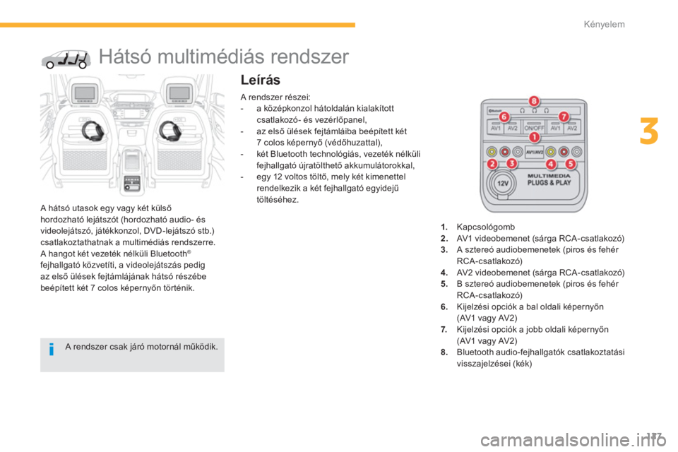 CITROEN C4 SPACETOURER 2014  Kezelési útmutató (in Hungarian) 127
3
Kényelem
   
 
 
 
 
Hátsó multimédiás rendszer 
 
 A hátsó utasok egy vagy két külső hordozható lejátszót (hordozható audio- és 
videolejátszó, játékkonzol, DVD-lejátszó st