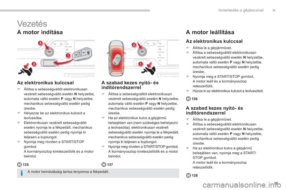 CITROEN C4 SPACETOURER 2014  Kezelési útmutató (in Hungarian) .
19
Ismerkedés a gépkocsival
  Vezeté s  
 
 
A motor indítása 
 
 Az elektronikus kulccsal 
�)Állítsa a sebességváltót elektronikusan
vezérelt sebességváltó esetén  Nhelyzetbe, automa