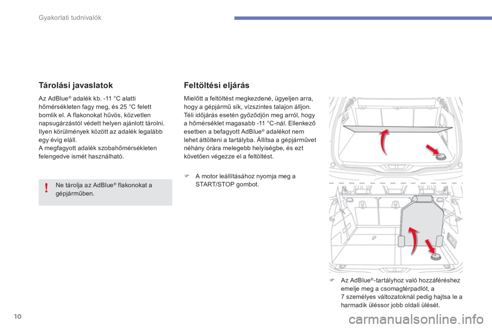 CITROEN C4 SPACETOURER 2014  Kezelési útmutató (in Hungarian) 10
Gyakorlati tudnivalók
   
Tárolási javaslatok 
 
 
Ne tárolja az AdBlue ® 
 flakonokat a 
gépjárműben.  
    Az AdBlue 
® 
 adalék kb. -11 °C alatti 
hőmérsékleten fagy meg, és 25 °
