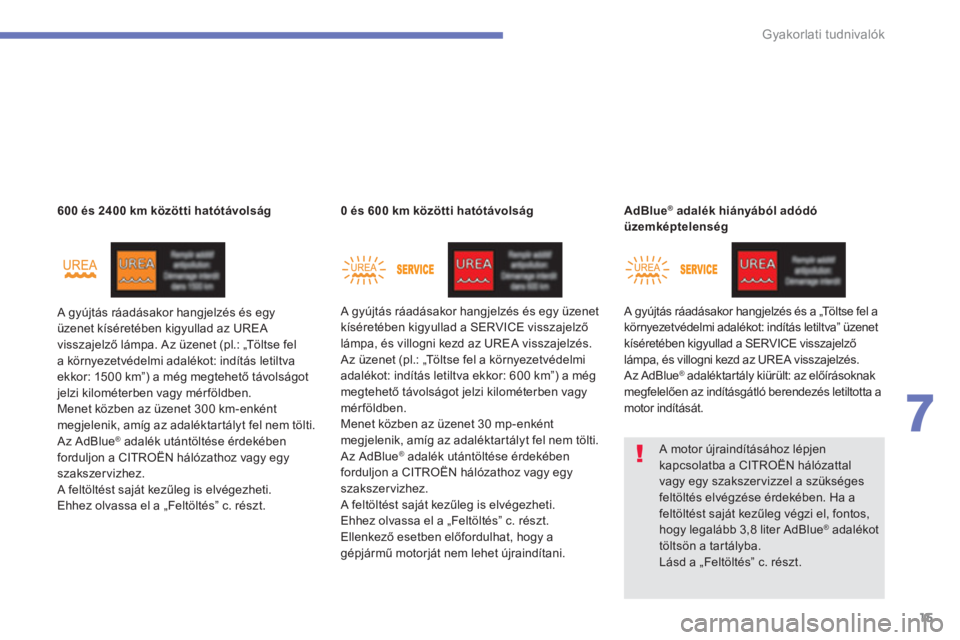 CITROEN C4 SPACETOURER 2014  Kezelési útmutató (in Hungarian) 15
7
Gyakorlati tudnivalók
   
 
 
600 és 2400 km közötti hatótávolság 
 
  A gyújtás ráadásakor hangjelzés és egy 
üzenet kíséretében kigyullad az UREA 
visszajelző lámpa. Az üzen