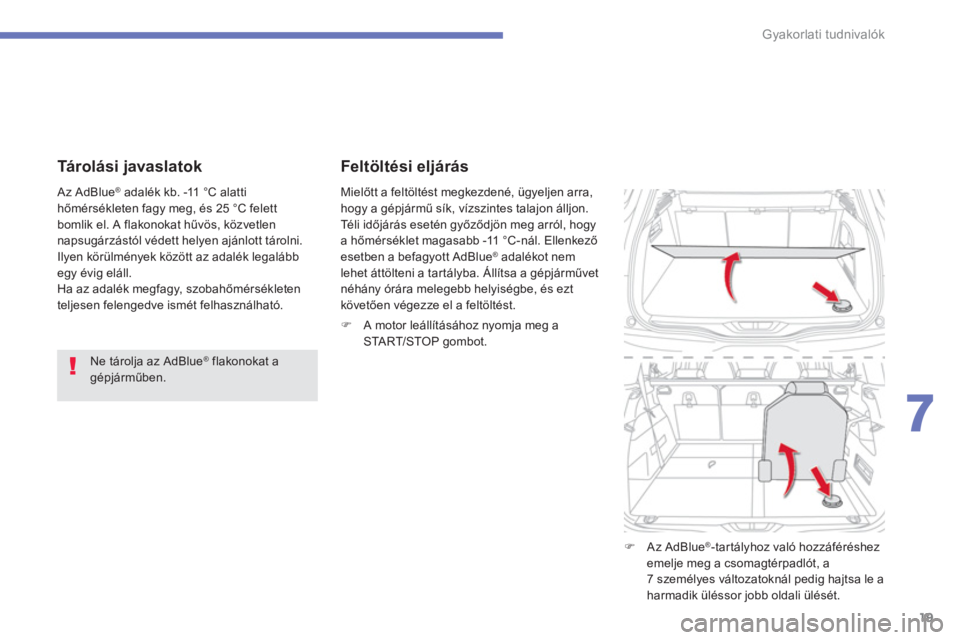 CITROEN C4 SPACETOURER 2014  Kezelési útmutató (in Hungarian) 19
7
Gyakorlati tudnivalók
   
Tárolási javaslatok 
 
 
Ne tárolja az AdBlue®  
 flakonokat a 
gépjárműben.  
    Az AdBlue
®  
 adalék kb. -11 °C alatti 
hőmérsékleten fagy meg, és 25 