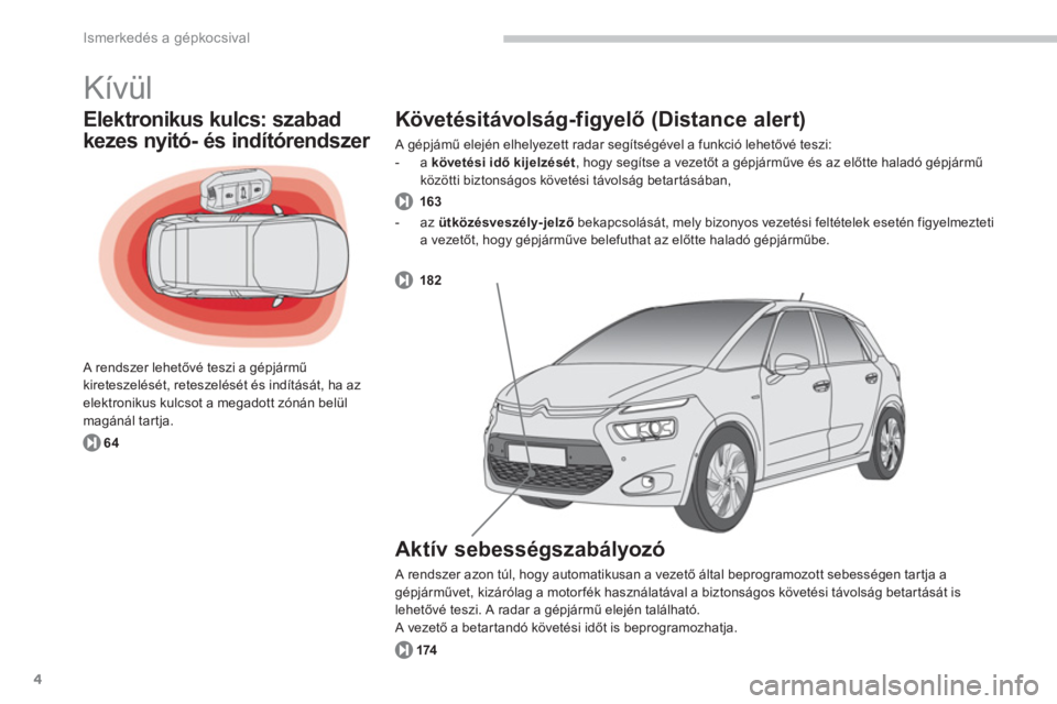 CITROEN C4 SPACETOURER 2014  Kezelési útmutató (in Hungarian) 4
Ismerkedés a gépkocsival
  Kívül 
Elektronikus kulcs: szabad 
kezes n
yitó- és indítórendszer 
 A rendszer lehetővé teszi a gépjármű 
kireteszelését, reteszelését és indítását, 