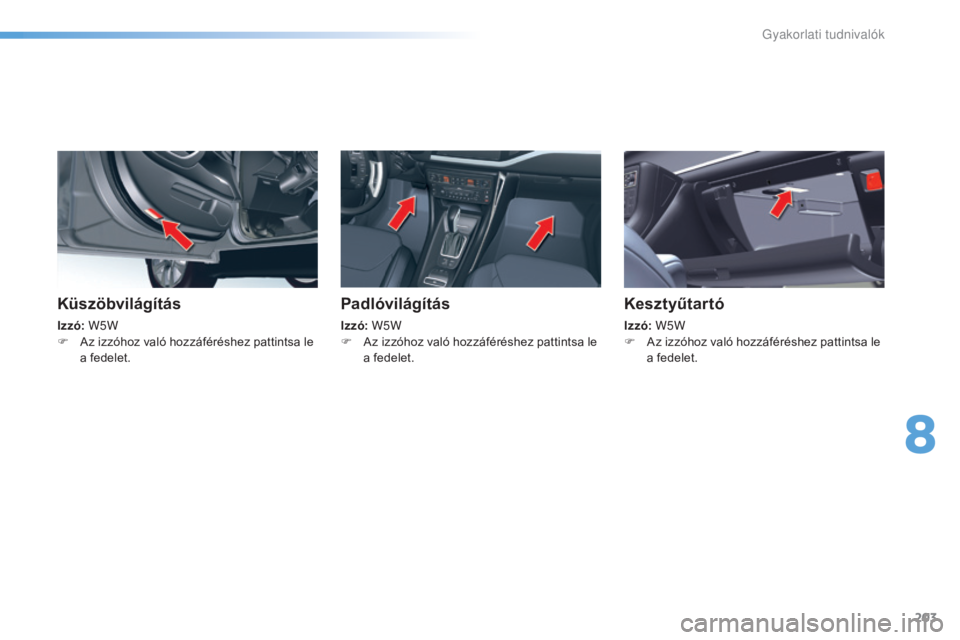 CITROEN C5 2016 Kezelési útmutató (in Hungarian) 203
C5_hu_Chap08_information_ed01-2015
Küszöbvilágítás
Izzó: W5W
F A z izzóhoz való hozzáféréshez pattintsa le
a fedelet.
Padlóvilágítás
Izzó: W5W
F A z izzóhoz való hozzáféré CITROEN C5 2016 Kezelési útmutató (in Hungarian) 203
C5_hu_Chap08_information_ed01-2015
Küszöbvilágítás
Izzó: W5W
F A z izzóhoz való hozzáféréshez pattintsa le
a fedelet.
Padlóvilágítás
Izzó: W5W
F A z izzóhoz való hozzáféré
