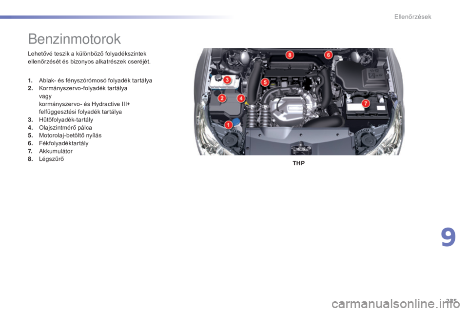 CITROEN C5 2016  Kezelési útmutató (in Hungarian) 225
C5_hu_Chap09_verification_ed01-2015
Lehetővé teszik a különböző folyadékszintek 
ellenőrzését és bizonyos alkatrészek cseréjét.THP
Benzinmotorok
1. Ablak- és fényszórómosó folya