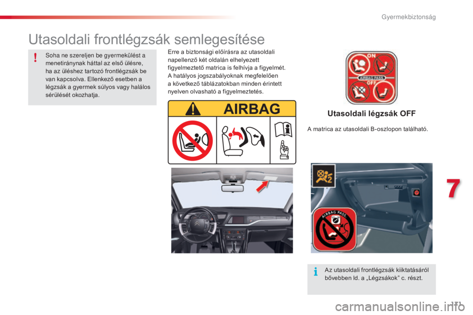CITROEN C5 2015  Kezelési útmutató (in Hungarian) 171
C5_hu_Chap07_securite-enfant_ed01-2014
Utasoldali légzsák OFF
Erre a biztonsági előírásra az utasoldali 
napellenző két oldalán elhelyezett 
figyelmeztető matrica is felhívja a figyelm