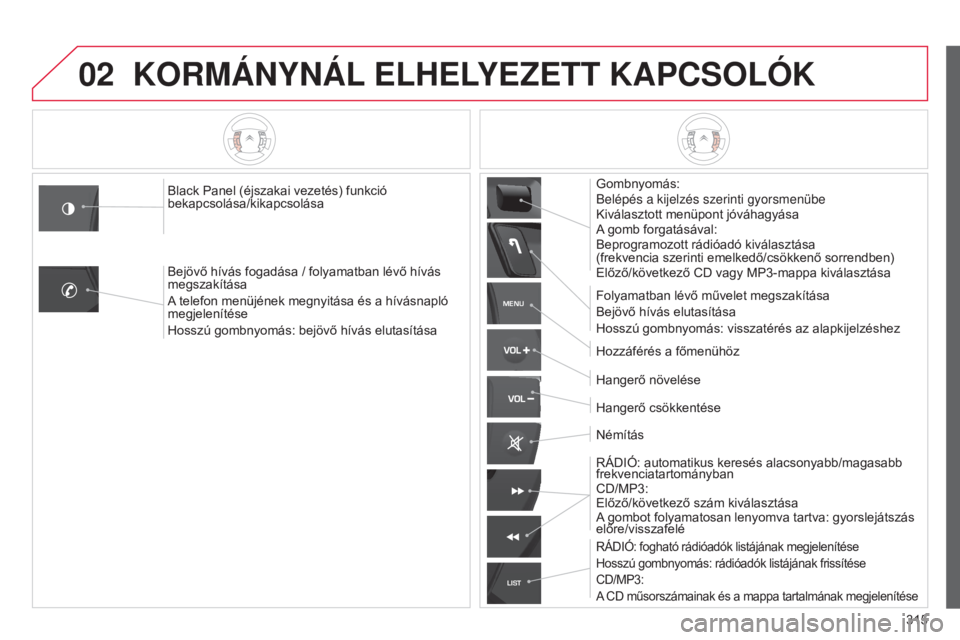 CITROEN C5 2015  Kezelési útmutató (in Hungarian) 02
MENU
LIST
315
C5_hu_Chap11c_RD45_ed01_2014
KORMÁNyNÁL ELHELy E z ETT   KAPCSOL ó K
Gombnyomás:
Belépés a kijelzés szerinti gyorsmenübe
Kiválasztott menüpont jóváhagyása
A gomb forgatá