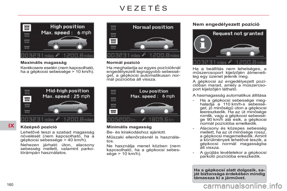 CITROEN C5 2014  Kezelési útmutató (in Hungarian) IX
160 
VEZETÉS
   
Nem engedélyezett pozíció 
 
Ha a beállítás nem lehetséges, a 
műszercsoport kijelzőjén átmeneti-
leg egy üzenet jelenik meg. 
  A gépkocsi az engedélyezett pozí-
c