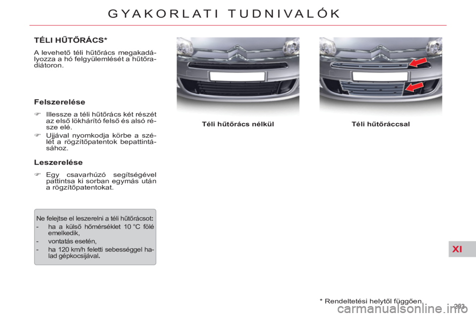 CITROEN C5 2014  Kezelési útmutató (in Hungarian) XI
203 
GYAKORLATI TUDNIVALÓK
   
*  
 Rendeltetési helytől függően.  
TÉLI HŰTŐRÁCS *
 
A levehető téli hűtőrács megakadá-
lyozza a hó felgyülemlését a hűtőra-
diátoron. 
   
Fe