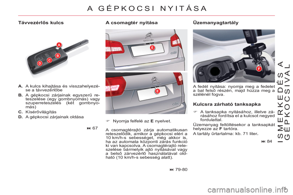 CITROEN C5 2014  Kezelési útmutató (in Hungarian) 5 
ISMERKEDÉS A 
GÉPKOCSIVAL
   
 
A. 
  A kulcs kihajtása és visszahelyezé-
se a távvezérlőbe 
   
B. 
  A gépkocsi zárjainak egyszerű re-
teszelése (egy gombnyomás) vagy 
szuperreteszel