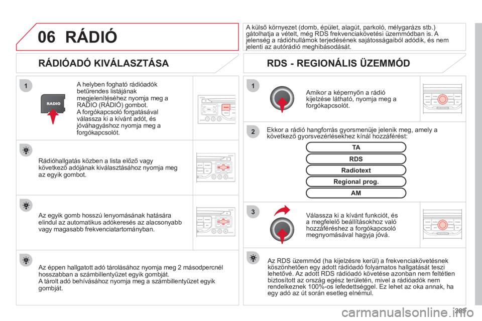 CITROEN C5 2012  Kezelési útmutató (in Hungarian) 289
06
3 2 1 1
RÁDIÓADÓ KIVÁLASZTÁSA 
 
 Amikor a képernyőn a r