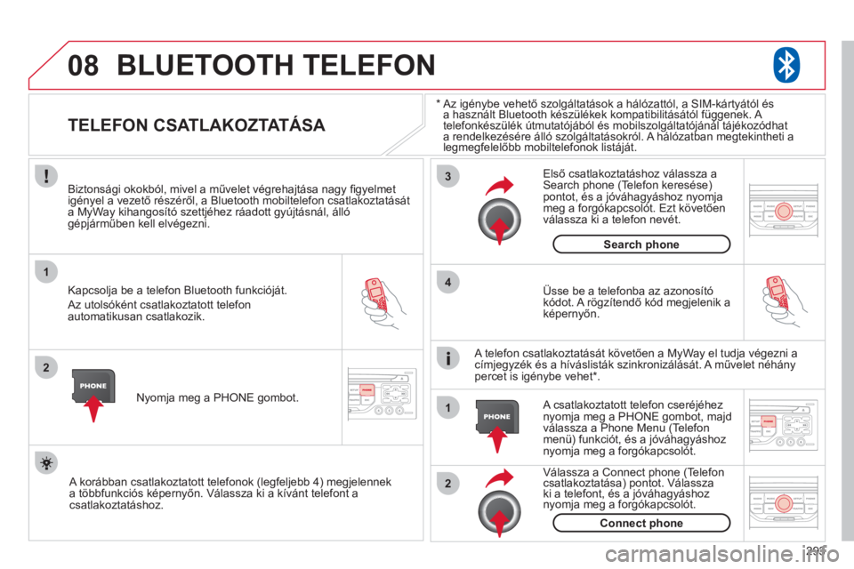 CITROEN C5 2012  Kezelési útmutató (in Hungarian) 293
08
1
2
3
2 1 4
*   
  Az igénybe vehető szolgáltatások a hálózattól, a SIM-kártyától ésa használt Bluetooth készülékek kompatibilitásától függenek. A 
telefonkészülék útmuta