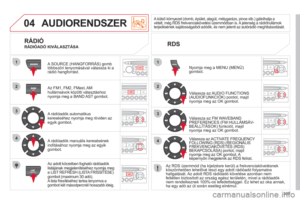 CITROEN C5 2012  Kezelési útmutató (in Hungarian) 309
04
1
2
3
4
1
2
3
4
AUDIORENDSZER
 A SOURCE (HANGFORRÁS) gomb 
többszöri lenyomásával válassza ki arádió hangforrást.
   
Az FM1, FM2, FMast, AM hullámsávok közötti választáshoz nyom