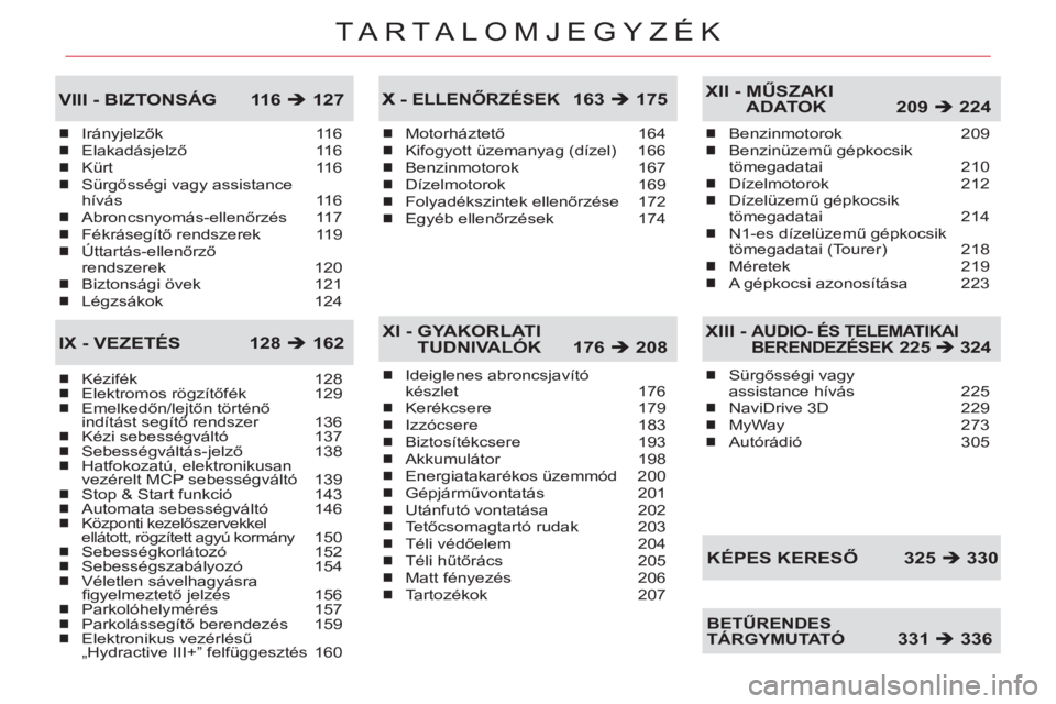 CITROEN C5 2012  Kezelési útmutató (in Hungarian) TA R TA LOMJEGYZÉK
Irányjelzők 116
Elakadásjelző 11 6
Kürt 116
Sürgősségi vagy assistance 
hívás 116
Abroncsnyomás-ellenőrzés 117
Fékrásegítő rendszerek  119
Úttartás-ellenőrző 
