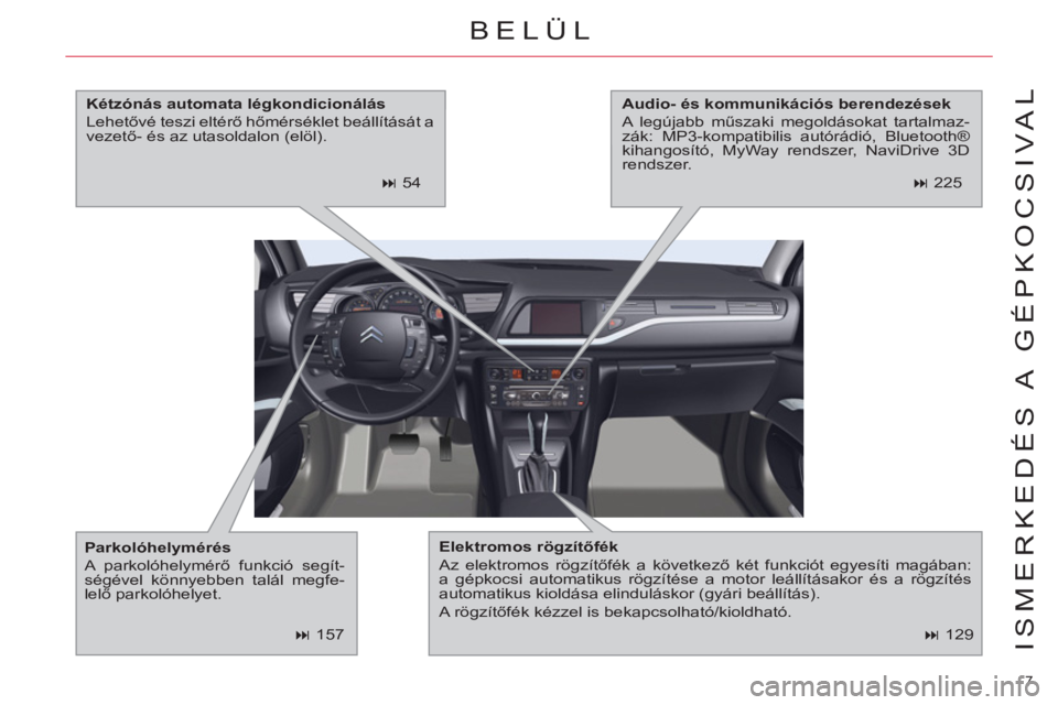 CITROEN C5 2012  Kezelési útmutató (in Hungarian) 7 
ISMERKEDÉS A  GÉPKOCSIVAL   
 
� 
 129  
BELÜL 
 
 
Elektromos rögzítőfék 
 
  Az elektromos rögzítőfék a következő két funkciót egyesíti magában: 
a gépkocsi automatikus rögzí