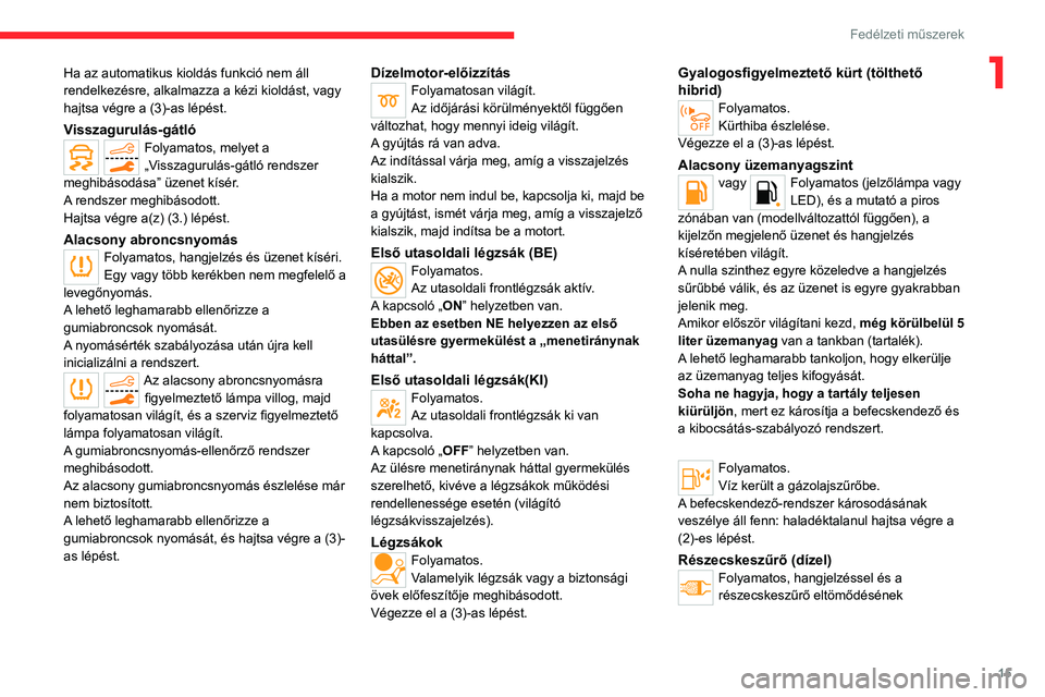 CITROEN C5 AIRCROSS 2022 Kezelési útmutató (in Hungarian) 15
Fedélzeti műszerek
1Ha az automatikus kioldás funkció nem áll
rendelkezésre, alkalmazza a kézi kioldást, vagy
hajtsa végre a (3)-as lépést.
Visszagurulás-gátlóFolyamatos, melyet a
CITROEN C5 AIRCROSS 2022 Kezelési útmutató (in Hungarian) 15
Fedélzeti műszerek
1Ha az automatikus kioldás funkció nem áll
rendelkezésre, alkalmazza a kézi kioldást, vagy
hajtsa végre a (3)-as lépést.
Visszagurulás-gátlóFolyamatos, melyet a
