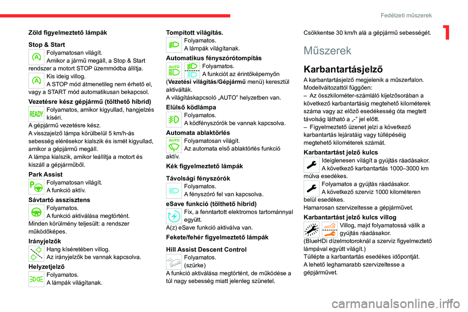CITROEN C5 AIRCROSS 2022  Kezelési útmutató (in Hungarian) 17
Fedélzeti műszerek
1Zöld figyelmeztető lámpák
Stop & Start
Folyamatosan világít.
Amikor a jármű megáll, a Stop & Start 
rendszer a motort STOP üzemmódba állítja.
Kis ideig villog.
A 