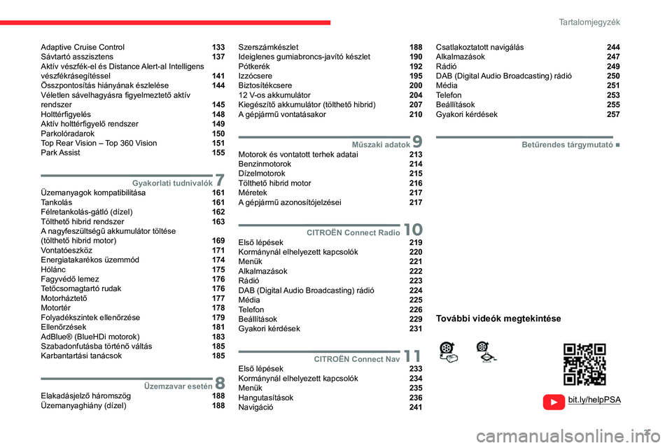 CITROEN C5 AIRCROSS 2022  Kezelési útmutató (in Hungarian) 3
Tartalomjegyzék
  
  
 
 
 
 
Adaptive Cruise Control  133
Sávtartó asszisztens  137
Aktív vészfék-el és Distance Alert-al Intelligens 
vészfékrásegítéssel 
 141
Összpontosítás hiány