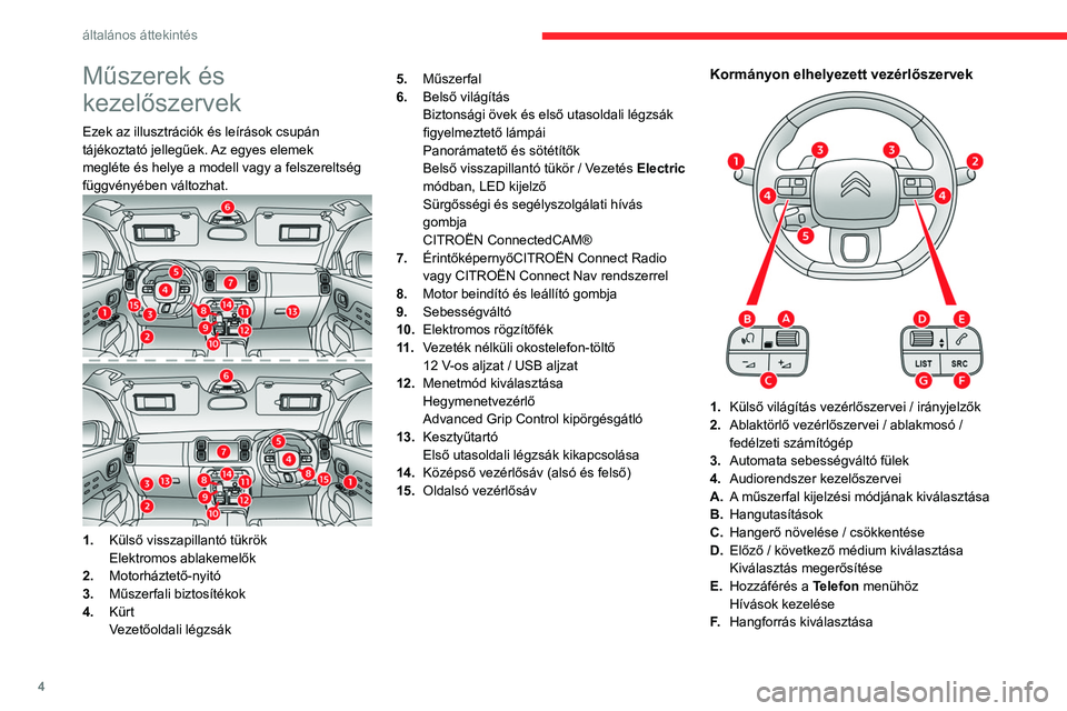 CITROEN C5 AIRCROSS 2022  Kezelési útmutató (in Hungarian) 4
általános áttekintés
Műszerek és 
kezelőszervek
Ezek az illusztrációk és leírások csupán 
tájékoztató jellegűek. Az egyes elemek 
megléte és helye a modell vagy a felszereltség 
