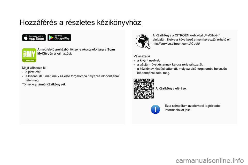 CITROEN C5 AIRCROSS 2020  Kezelési útmutató (in Hungarian) Hozzáférés a részletes kézikönyvhöz
A Kézikönyv a   CITROËN weboldal „MyCitroën” 
aloldalán, illetve a   következő címen keresztül érhető el:
http://service.citroen.com/ACddb/
A 