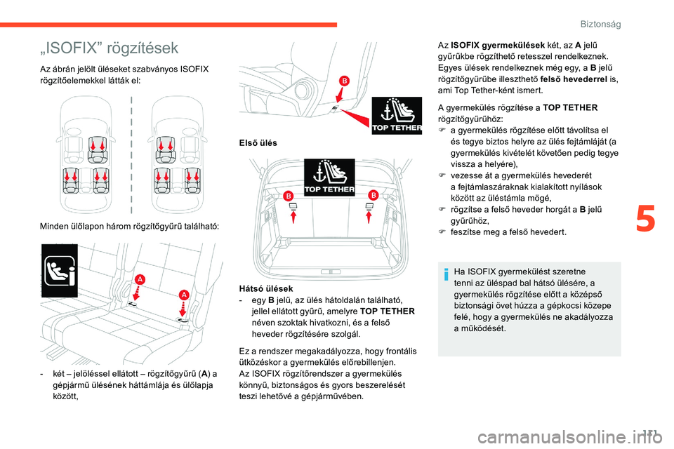 CITROEN C5 AIRCROSS 2020 Kezelési útmutató (in Hungarian) 111
„ISOFIX” rögzítések
Az ábrán jelölt üléseket szabványos ISOFIX
rögzítőelemekkel látták el:
Minden ülőlapon három rögzítőgyűrű található: Az ISOFIX gyermekülések
ké CITROEN C5 AIRCROSS 2020 Kezelési útmutató (in Hungarian) 111
„ISOFIX” rögzítések
Az ábrán jelölt üléseket szabványos ISOFIX
rögzítőelemekkel látták el:
Minden ülőlapon három rögzítőgyűrű található: Az ISOFIX gyermekülések
ké
