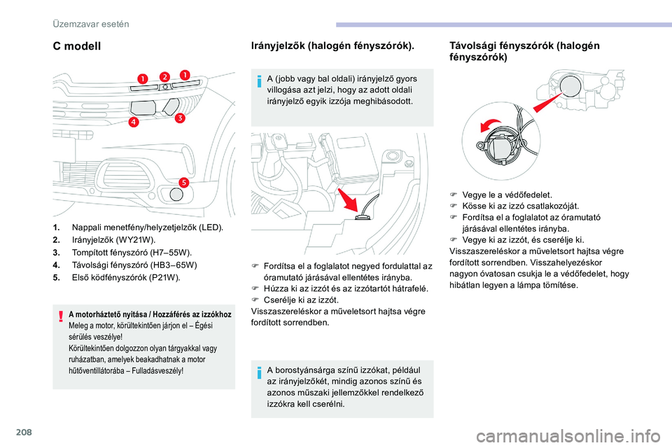 CITROEN C5 AIRCROSS 2020 Kezelési útmutató (in Hungarian) 208
C modell
1.Nappali menetfény/helyzetjelzők (LED).
2. Irányjelzők (W Y21W).
3. Tompított fényszóró (H7– 55W).
4. Távolsági fényszóró (HB3 – 65W)
5. Első ködfényszórók (P21W).
CITROEN C5 AIRCROSS 2020 Kezelési útmutató (in Hungarian) 208
C modell
1.Nappali menetfény/helyzetjelzők (LED).
2. Irányjelzők (W Y21W).
3. Tompított fényszóró (H7– 55W).
4. Távolsági fényszóró (HB3 – 65W)
5. Első ködfényszórók (P21W).