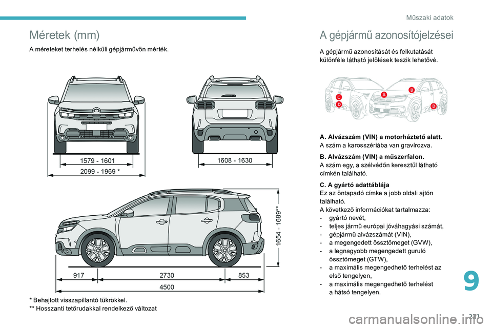 CITROEN C5 AIRCROSS 2020 Kezelési útmutató (in Hungarian) 221
A gépjármű azonosítójelzései
A gépjármű azonosítását és felkutatását
különféle látható jelölések teszik lehetővé.
A. Alvázszám (VIN) a motorháztető alatt.
A szám a k CITROEN C5 AIRCROSS 2020 Kezelési útmutató (in Hungarian) 221
A gépjármű azonosítójelzései
A gépjármű azonosítását és felkutatását
különféle látható jelölések teszik lehetővé.
A. Alvázszám (VIN) a motorháztető alatt.
A szám a k