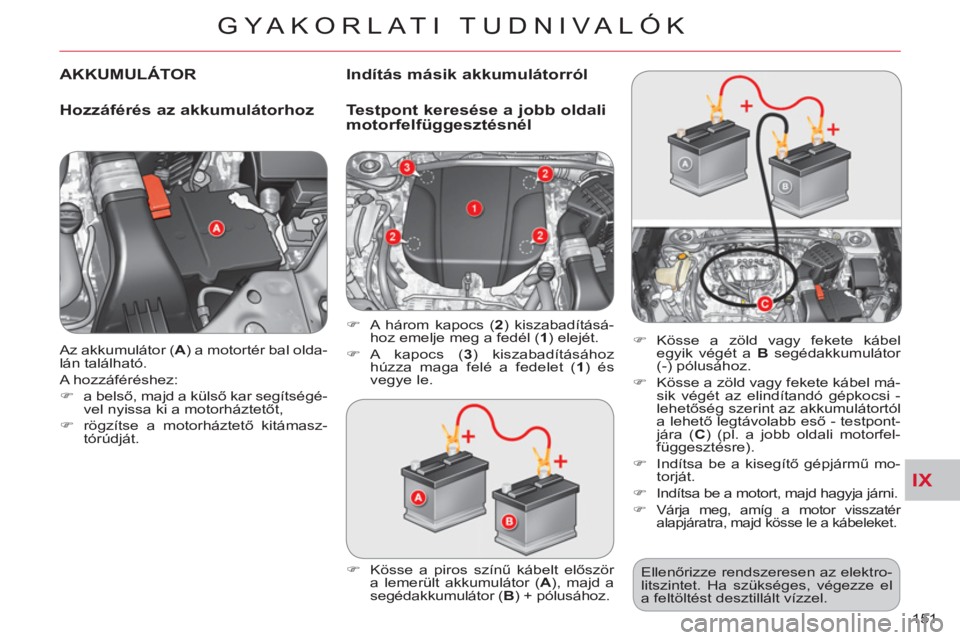 CITROEN C-CROSSER 2012  Kezelési útmutató (in Hungarian) IX
GYA KORLATI TUDNIVALÓK
151    Az akkumulátor ( A 
) a motortér bal olda-
lán található. 
  A hozzáféréshez: 
   
 
�) 
 a belső, majd a külső kar segítségé-
vel nyissa ki a motorház
