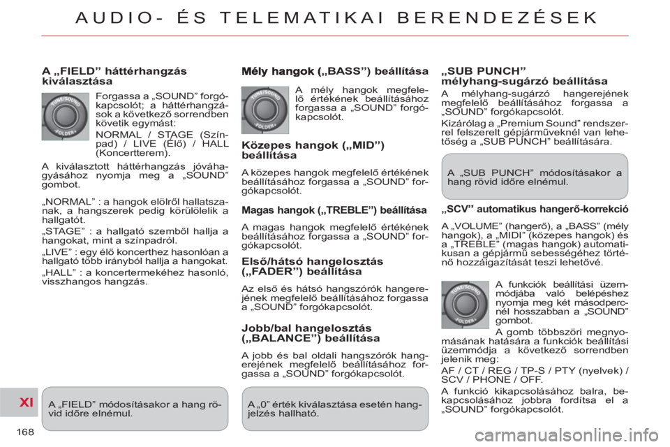 CITROEN C-CROSSER 2012  Kezelési útmutató (in Hungarian) XI
168
AUDIO- ÉS TELEMATIKAI BERENDEZÉSEK
   
A „FIELD” háttérhangzáskiválasztása 
 
Forgassa a „SOUND” forgó-
kapcsolót; a háttérhangzá-
sok a következő sorrendben 
követik egy