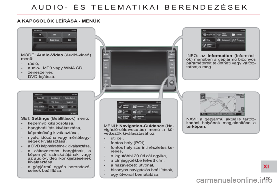 CITROEN C-CROSSER 2012  Kezelési útmutató (in Hungarian) XI
179 
AUDIO- ÉS TELEMATIKAI BERENDEZÉSEK
A KAPCSOLÓK LEÍRÁSA - MENÜK
   
MODE:  Audio-Video 
 (Audió-videó) 
menü: 
   
 
-  rádió, 
   
-   audio-, MP3 vagy WMA CD, 
   
-  zeneszerver, 