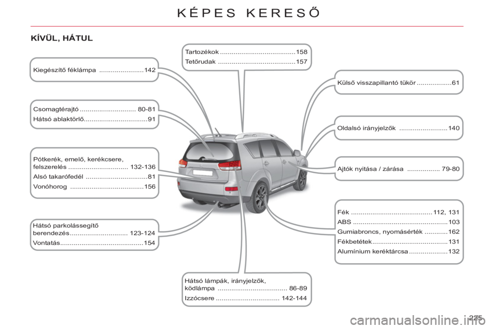 CITROEN C-CROSSER 2012  Kezelési útmutató (in Hungarian) 225 
KÉPES KERESŐ
   
KÍVÜL, HÁTUL
 
 
Kiegészítő féklámpa  .......................142  
   
Csomagtérajtó ............................. 80-81 
  Hátsó ablaktörlő......................