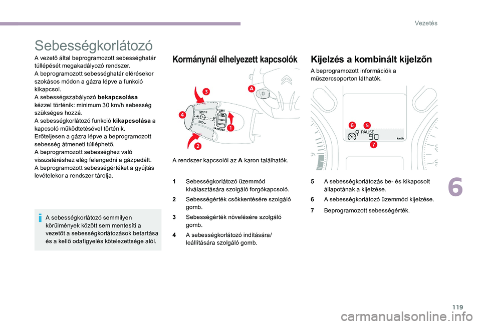 CITROEN C-ELYSÉE 2017 Kezelési útmutató (in Hungarian) 119
Sebességkorlátozó
A vezető által beprogramozott sebességhatár
túllépését megakadályozó rendszer.
A beprogramozott sebességhatár elérésekor
szokásos módon a gázra lépve a fun CITROEN C-ELYSÉE 2017 Kezelési útmutató (in Hungarian) 119
Sebességkorlátozó
A vezető által beprogramozott sebességhatár
túllépését megakadályozó rendszer.
A beprogramozott sebességhatár elérésekor
szokásos módon a gázra lépve a fun