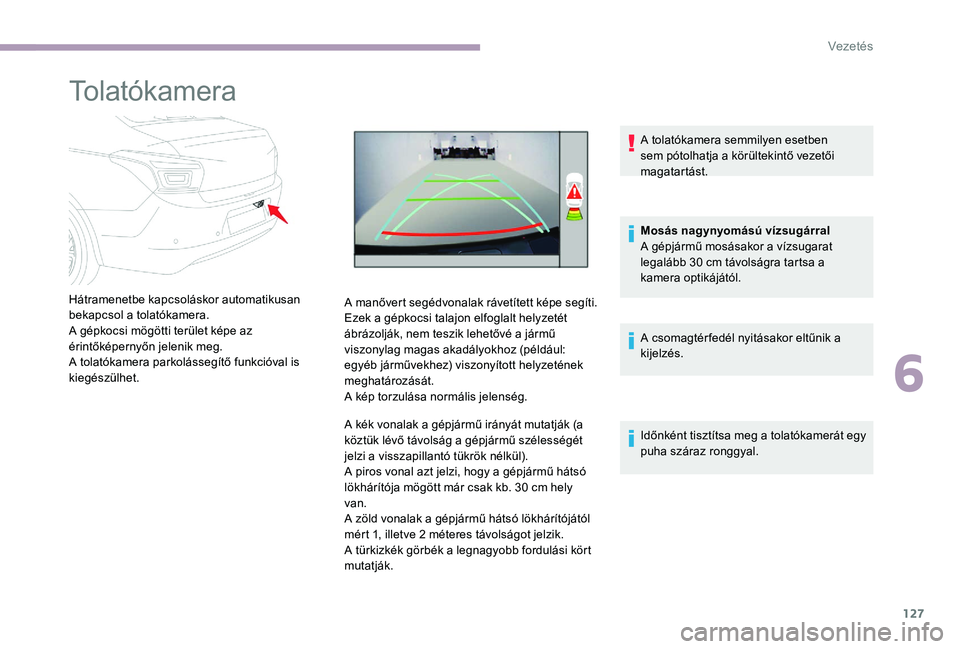 CITROEN C-ELYSÉE 2017 Kezelési útmutató (in Hungarian) 127
Tolatókamera
Hátramenetbe kapcsoláskor automatikusan
bekapcsol a tolatókamera.
A gépkocsi mögötti terület képe az
érintőképernyőn jelenik meg.
A tolatókamera parkolássegítő funk CITROEN C-ELYSÉE 2017 Kezelési útmutató (in Hungarian) 127
Tolatókamera
Hátramenetbe kapcsoláskor automatikusan
bekapcsol a tolatókamera.
A gépkocsi mögötti terület képe az
érintőképernyőn jelenik meg.
A tolatókamera parkolássegítő funk