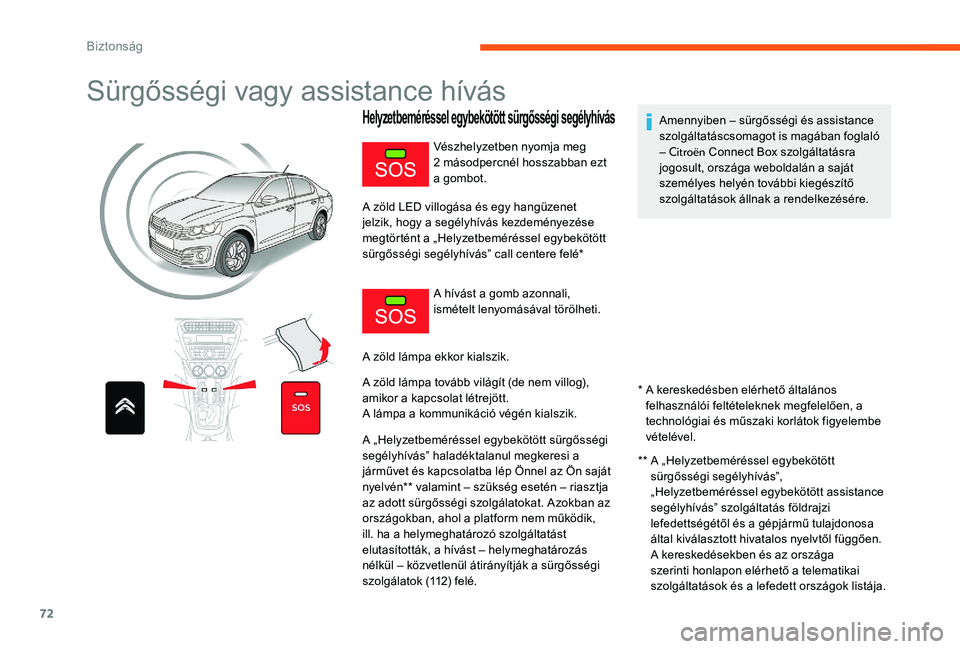 CITROEN C-ELYSÉE 2017 Kezelési útmutató (in Hungarian) 72
Sürgősségi vagy assistance hívás
Helyzetbeméréssel egybekötött sürgősségi segélyhívás
* A kereskedésben elérhető általános felhasználói feltételeknek megfelelően, a
techno CITROEN C-ELYSÉE 2017 Kezelési útmutató (in Hungarian) 72
Sürgősségi vagy assistance hívás
Helyzetbeméréssel egybekötött sürgősségi segélyhívás
* A kereskedésben elérhető általános felhasználói feltételeknek megfelelően, a
techno